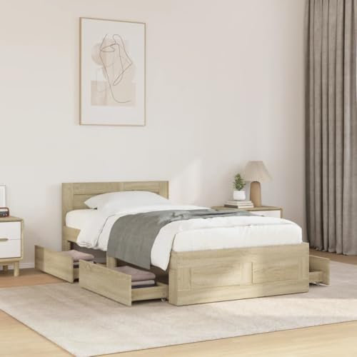 Willood Bettgestell mit Kopfteil Doppelbett lattenrost Bettrahmen Holzwerkstoff Sonoma-Eiche 100x200 cm