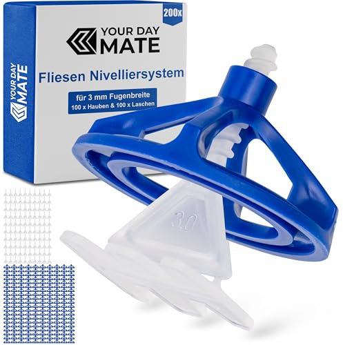 Fliesen Nivelliersystem, 200 teiliges Set, für 3 mm Fugenbreite und 5-20 mm starke Fliesen, je 100 x Zughauben und Gewindelaschen, Montagehilfe Kit Fliesen, Fliesenverlegsystem, Verleghilfe Fliese