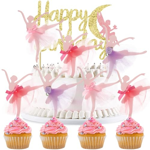 HGSHUO Tortendeko Ballerina Kuchen Deko Geburtstag Torte Deko Kindergeburtstag Cake Topper Ballett Cupcake Topper Happy Birthday Kuchendeko Geburtstagsdeko