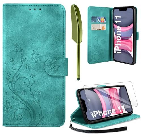 AROYI Lederhülle Kompatibel mit iPhone 11 Hülle und Schutzfolie, Flip Wallet Handyhülle PU Leder Case Kartensteckplätzen Schutzhülle Kompatibel mit iPhone 11 Dunkel Grün