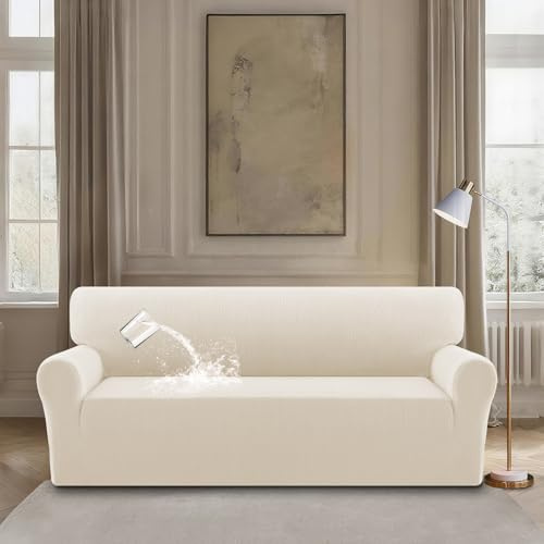 BellaHills High Stretch Sofabezug Moderne Sofaüberwurf, Wasserdicht Sofahusse für Wohnzimmer Protector für Hunde Haustiere, Elfenbein, Übergröße 3 Sitzer(205-240CM)