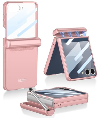 COQUE Galaxy Z Flip 7 fodral med penna och fack, skal skyddsfilm integrerad gångjärn vikbart allomfattande skal, vikbart telefonskydd för Samsung Galaxy Z Flip 7 5G-rosa