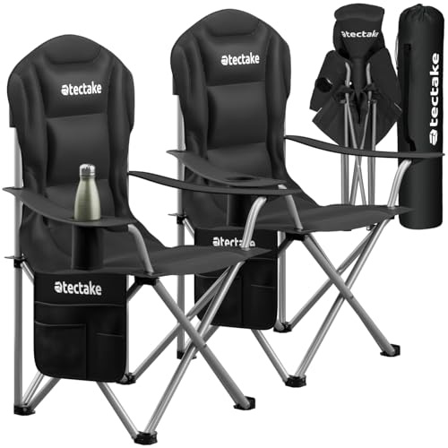 tectake® Set da 2 Sedie da Campeggio Pieghevoli Imbottite, Portabicchieri, Tessuto Oxford 600D, Struttura in Acciaio, Tasca Laterale, Sedia da Giardino, Poltrona da Esterno e Balcone, fino a 120 kg