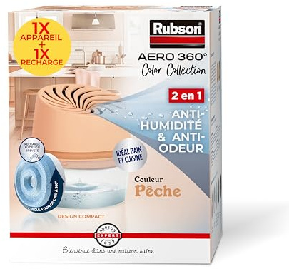 Rubson Aero 360°, 1 Déshumificateur d'air 20 m²+ 1 Recharge 450g, Pêche | Absorbeur d'humidité, Réduit humidité et odeur, Anti-Moisissures, Sans électricité, Recharge dure 2 mois, Pièce jusqu'à 20m²