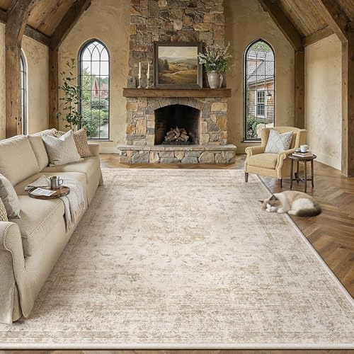 PureCozy 8x10 Washable Area Rug Beige Vintage Distressed Large Rug for Living Room Oriental Soft Thin Indoor Retro Carpet Non Slip Low Pile Floor Cover for Bedroom Dining Room Office Nursery