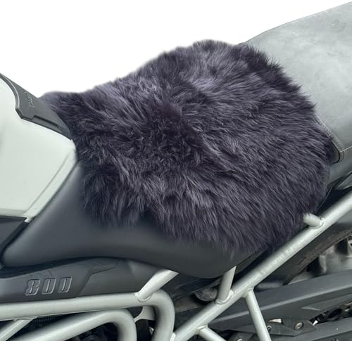 MotoCoverz 'The Nomad' Long‑Wool Sheepskin Seat Pad – 36 × 34.5 cm Adventure/Touring Motorcycle Cushion – Secure Straps, Temperature‑Regulating, Handmade in UK (Black)