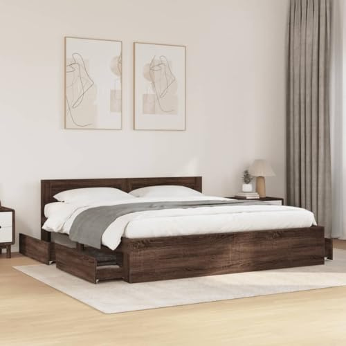 Emmtore Bettgestell, Bett mit Kopfteil, Bettrahmen mit Lattenrost, Doppelbett Schlafzimmerbett mit Stauraum,Holzwerkstoff Braune Eiche,200 x 200 cm