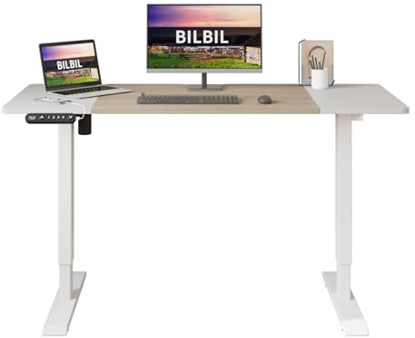 bilbil Height Adjustable Electric Standing Desk, 55 x 24 Inches Sit Stand up for Work Office Home, Ergonomic Rising Computer Table with Memory Preset with Splice Desktop (Oak, White)