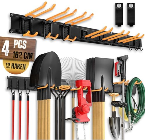 Rankomu Organizador de Garaje con 4 Guías (162cm), 12 Ganchos Extraíbles con Fundas Antideslizantes, 2 Correas de Carga, Soporte de Jardín de Pared para Taller, Herramientas, Escobas, Rastrillos