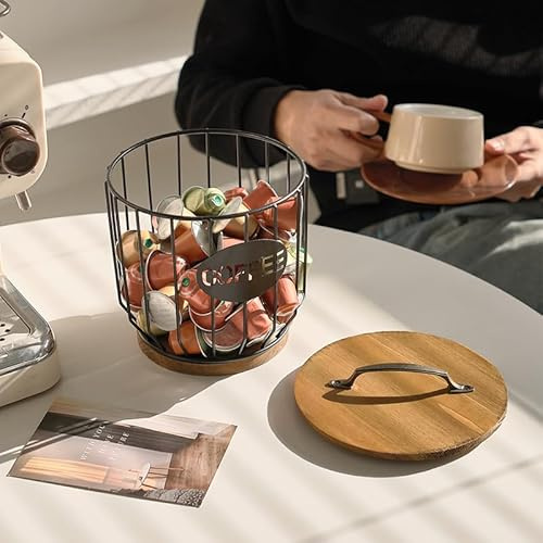 Coffee Pod Basket Holder - Large Capacity Black with Wood Lid | Display Coffee Pods & Espresso Capsules on Countertop, Rustic Wire Mesh Storage Bin with Decorative Wood Cover for Kitchen Decor