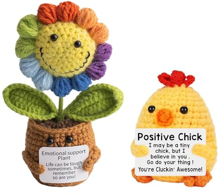 DiiWmme Handmade Crochet Flower Bouquet, 2 PCS Knitted Sunflower and Chick Set, Perfect Thank You Gift for Women, Teacher Appreciation, Birthday Decor, Home and Office Desk Decoration (Sunflower)