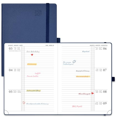 POPRUN Kalender 2026 2027 Horizontale Wochenplaner ca.A5(21,8 x 16,4cm) | 17-Monate-Terminplaner,(Aug.2026-Dez.2027),Stabilem Hardcover mit PU-Leder,Wochenplaner 1 Woche 2 Seite(Marineblau)