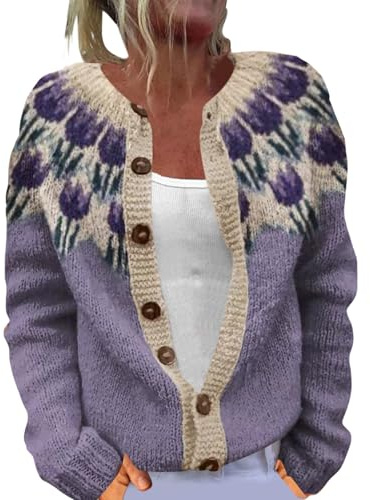 Cardigan Da Donna Stile Etnico Vintage Floreale Invernale Maglione Donna In Lana Elegante Sciolto Comodo Giubbotto a Maglia Sul Davanti Maglieria In Sherpa Caldo Leggero Lungo Senza Cuciture Pullover