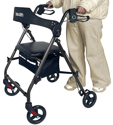 Rollator Walkers for Seniors with Seat, Foldable & One-Hand Carry, Upgraded Rolling Walker with Seat for Seniors, Handles Height Adjustable Rolling Walker for Seniors, Walking & Seated Rest, Black