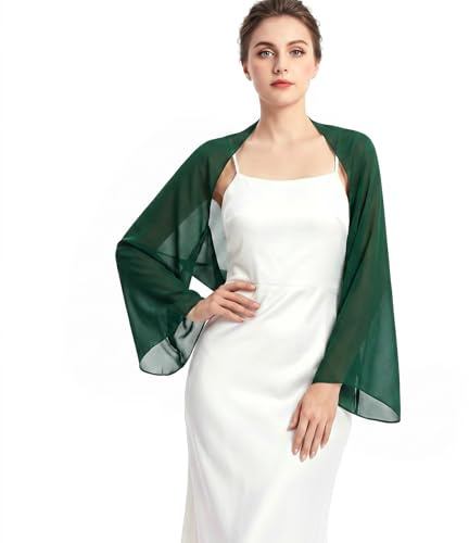 JasGood Stola Damen Festlich Chiffon Schal Sommer Eleganter Schultertuch Leicht Bolero Shrug mit Ärmel Stolan für Abendkleid Brautkleider Hochzeit,Dunkelgrün