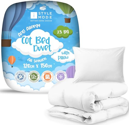 7.5 Tog Cot Bed Duvet and Pillow – Lightweight Soft Snug Nursery Quilt for Kids, Toddlers – Hypoallergenic, Anti Allergy & Machine Washable - 120cm x 150cm (7.5 Tog Cot Duvet + Cot Pillow)
