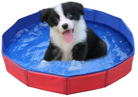 Foldable Dog Pool,Dog Paddling Pool,Dog Cat Bathing Tub,Pet Kids Bath Pool,With Water Valve,For Pets Children in Garden Beach Backyard,30 * 10cm,Red