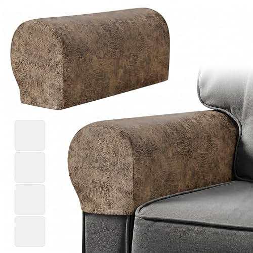 Stretchy Armchair Covers for Arms -Set of 2 Waterproof PU Leather Sofa Arm Covers for Chairs Couch Recliner - Universal Anti Slip Armrest Protectors with 4 Adhesive Patches for Furniture Protection
