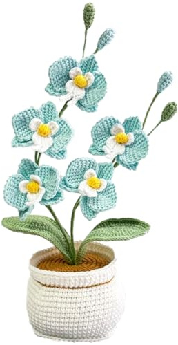 Magicherry Orchidea Phalaenopsis artificiale lavorata a maglia, fatta a mano, con vaso squisito, per Natale, compleanno, laurea, anniversario, regalo, blu