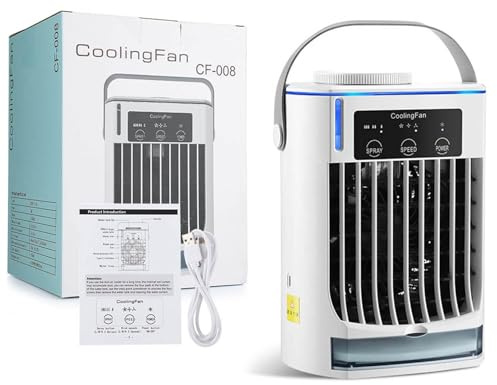 Aire acondicionado portátil, enfriador de aire pequeño 4 en 1 con 3 velocidades de viento, tanque de agua de 500 ml, ideal para oficina, dormitorio, coche y uso doméstico