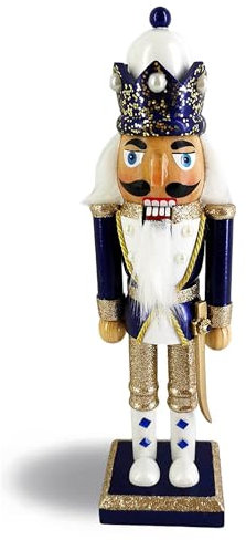 Christmas Holiday Wooden Nutcracker Figure Soldier King with Traditional Royal Blue Uniform Jacket and Crown with Rhinestone Sparkle and Gold Braided Details, Large, 10 Inch