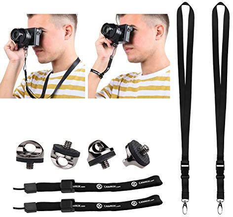 CAMKIX Set di 4 Viti di Montaggio ad Installazine Rapida per Treppiede per Fotocamera, 2 Cordini e 2 Cinturini da Polso – Per Connettere la Vostra Telecamera in Modo Rapido – Cinturino Regolabile