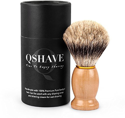 Qshave Rasierpinsel, handgefertigt aus 100 % echtem Dachshaar, mit Holzgriff, für Nassrasur mit Rasierhobel