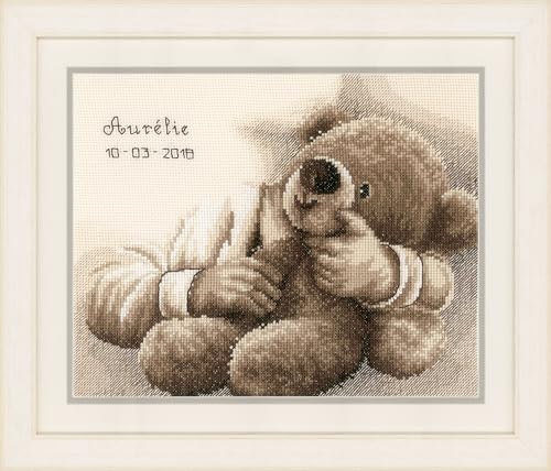 Vervaco Gezählter Kreuzstich Stickpackungen Stickset Baby Geburt Mein erster Teddy Wanddekoration Handarbeit Set für Erwachsene Kreatives Handwerk ca. 25 x 20 cm Geburt Geschenk Hausdeko