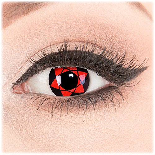 Farbige Kontaktlinsen zu Fasching Karneval Halloween 1 Paar Crazy Fun rote schwarze 'Big Uchiha' mit Kombilösung (60ml) + Behälter - Topqualität von 'Glamlens' ohne Stärke