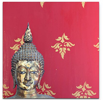 Paul Sinus Art Leinwandbilder | Bilder Leinwand 60x60cm Kopf einer Buddha Statue vor thailändischer Wandmalerei