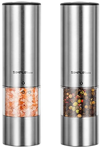 SIMPLETASTE Molinillo Eléctrico de Pimienta y Sal Juego de 2 con Rotor de Cerámica ajustable y con Luz Funciona al tacto