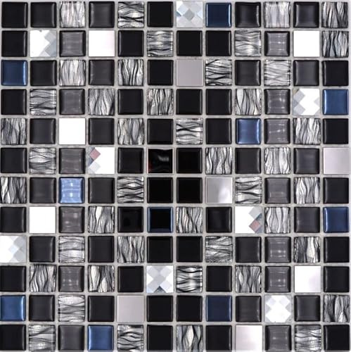 selbstklebende Glasmosaik Mosaikfliese Edelstahl schwarz Küchenrückwand MOS200-4CM26
