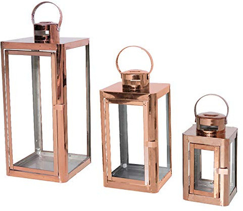 FineHome Schönes 3er Set Luxus Gartenlaterne Edelstahl Rosegold/Kupferfarben Windlicht Laternen Höhe 22/32/46cm