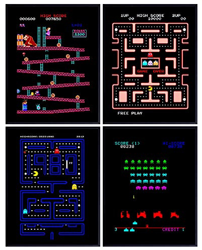 Classic Arcade Games Wall Art Prints - Arcade Decor - 8x10 Set for Man Cave, Den, Family Room, Bar, Bedroom - Gift for Gamers, Video Game, Pacman, Ms Pacman, Donkey Kong, Space Invaders Fans