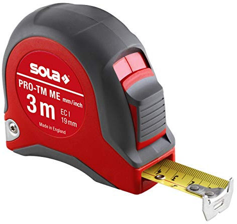 SOLA Bandmaß - PRO-TM ME - 3m / 19mm - robustes Profi-Rollbandmaß mit Gürtelclip - Stahlband, gelb mit mm/inch Skala - Genauigkeitsklasse I - Rollmeter mit beweglichem Endhaken - Länge 3m/19mm