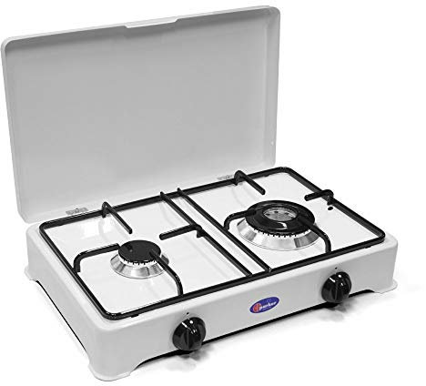Parker Fornello 2 fuochi a gas GPL con Bruciatore doppia corona da 3,5 kw per uso esterno Made in Italy completo di 1,5 mt. di tubo gas - fascette stringitubo e regolatore di pressione- 2002CBGP/C