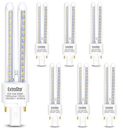 EXTRASTAR 2 Pines Bombillas LED PLC Tubo 2U,15W, Maiz G24, 1500Lm, Blanco Cálido 3000K, No regulable Pack de 6