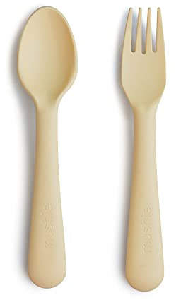 Mushie Gaffel och Sked för Barn | Bestick | 1x Set med Matservis | Återanvändbar | Diskmaskin- och Mikrovågssäker | Lätt för Bebis eller Barn att hålla | Tillverkad i Danmark | (Pale Daffodil)