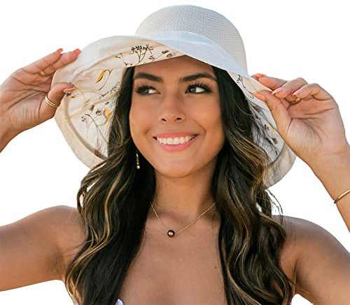 HilyBony Damen Mesh Sonnenhüte breite Krempe Sommer Strand Bucket Caps für Mädchen Outdoor UV-Schutz Faltbarer Fischerhut Kinnriemen, beige, Einheitsgröße