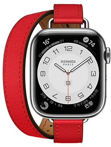 Kompatibel mit Apple Watch Armband 49mm 46mm 45mm 44mm 42mm(Serie 3),Echtes Leder Damen Double Tour Slim Armband für iWatch Ultra 2 Serie 10/9/8/7/6/5/4/3/SE(42/44/45/46/49mm,Rot)