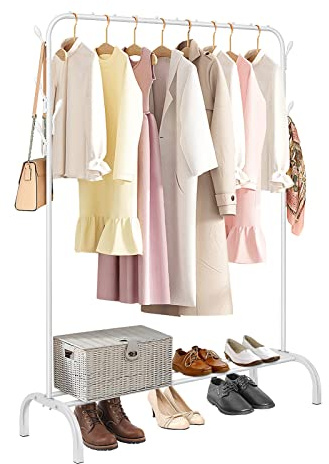 Holdfiturn Heavy Duty Clothes Rails Clothing Rail for Bedroom 147.5x110x40.3cm Clothing Coat Rack with Storage Rack Hanging Rail for Clothes Hanger Balcony Clothes Drying Rack for Home Office(White)