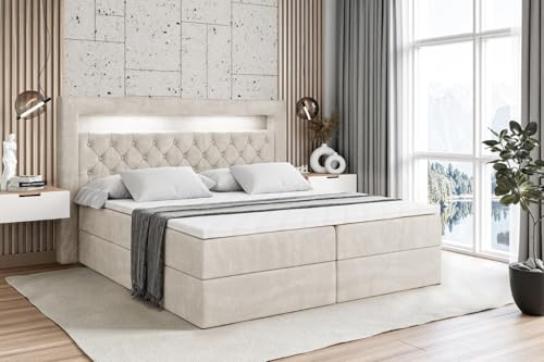ALTDECOR Boxspringbett mit Matratze und Lattenrost, LED Boxbett, Topper, Polsterbett mit Bettkasten, Bett mit Stauraum H3-Matratze, Doppelbett, Springboxbett - Noel Gold - 140x200 Beige Samt