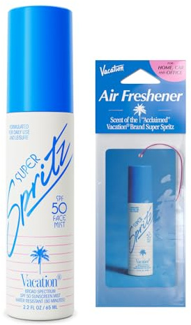 Vacation Super Spritz SPF 50 Face Mist & Air Freshener Bundle, Daily Face Sunscreen Spray, Clean & Lightweight Feel, Water-Resistant, Non-Comedogenic, Vegan, Travel Size, 2.2 Fl. Oz.