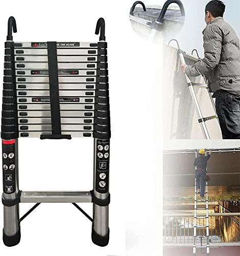 Scala telescopica pieghevole, 4,4 m, allungabile, con 2 ganci, in acciaio antiscivolo, multiuso, 14 pioli, scala telescopica allungabile, portata 150 kg (4,4 m)