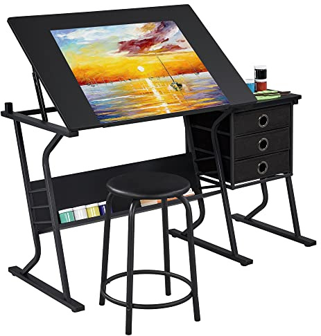 Yaheetech Height Adjustable Drafting Table with 3 Fabric Drawers Black