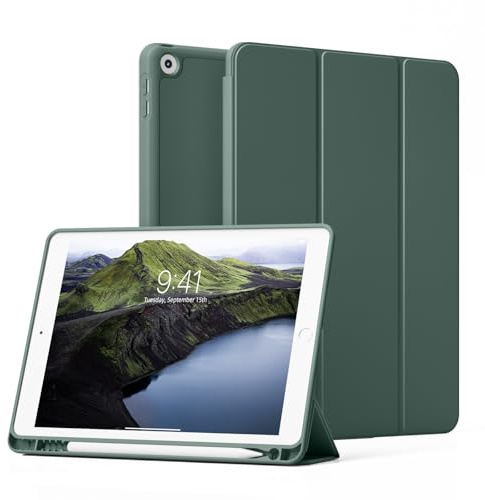 ZKTUYU Hülle für iPad 9. / 8. / 7. Generation mit Stifthalter 10.2 Zoll Modell 2021/2020/2019,Ultradünne Schutzhülle aus TPU mit Standfunktion für iPad 10,2 Zoll,Auto Wachen/Schlafen, Dunkelgrün