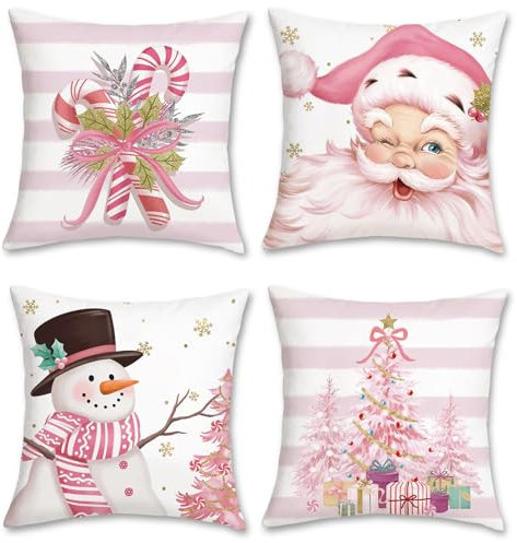 Bonhause Federe per Cuscini Natale Rosa 45 x 45 cm Copricuscini Decorativi Babbo Natale Pupazzo di Neve Albero di Natale Velluto Morbido Federa per Cuscino Casa Vacanze Decorazione Set di 4