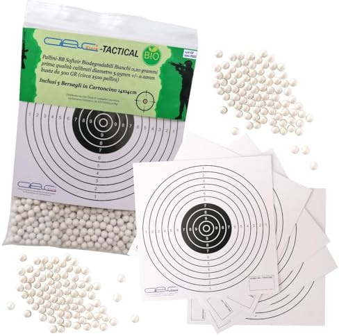 Glac Store® Pallini BB in Busta Biodegradabili Bio 500gr da 6mm per Softair Verdi Bianchi 0,20 0,23 0,25 Grammi con 5 Bersagli in Cartoncino 14x14 (0,20 gr Bianchi 2500 Pezzi)