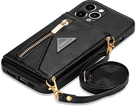 GUVAGI Handyhülle für iPhone 15 Hülle mit Band Handykette Case, Leder Cover Klapphülle Reißverschluss Stoßfest Schutzhülle Magnet Aesthetic Mädchen Handy Hülle mit Kette Umhängen (Schwarz)