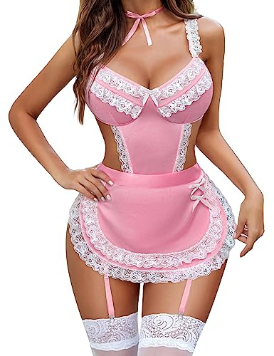 Avidlove Lingerie Set for Women Lace Teddy Babydoll Chemise Halloween Naughty Outfits Dress Pink large